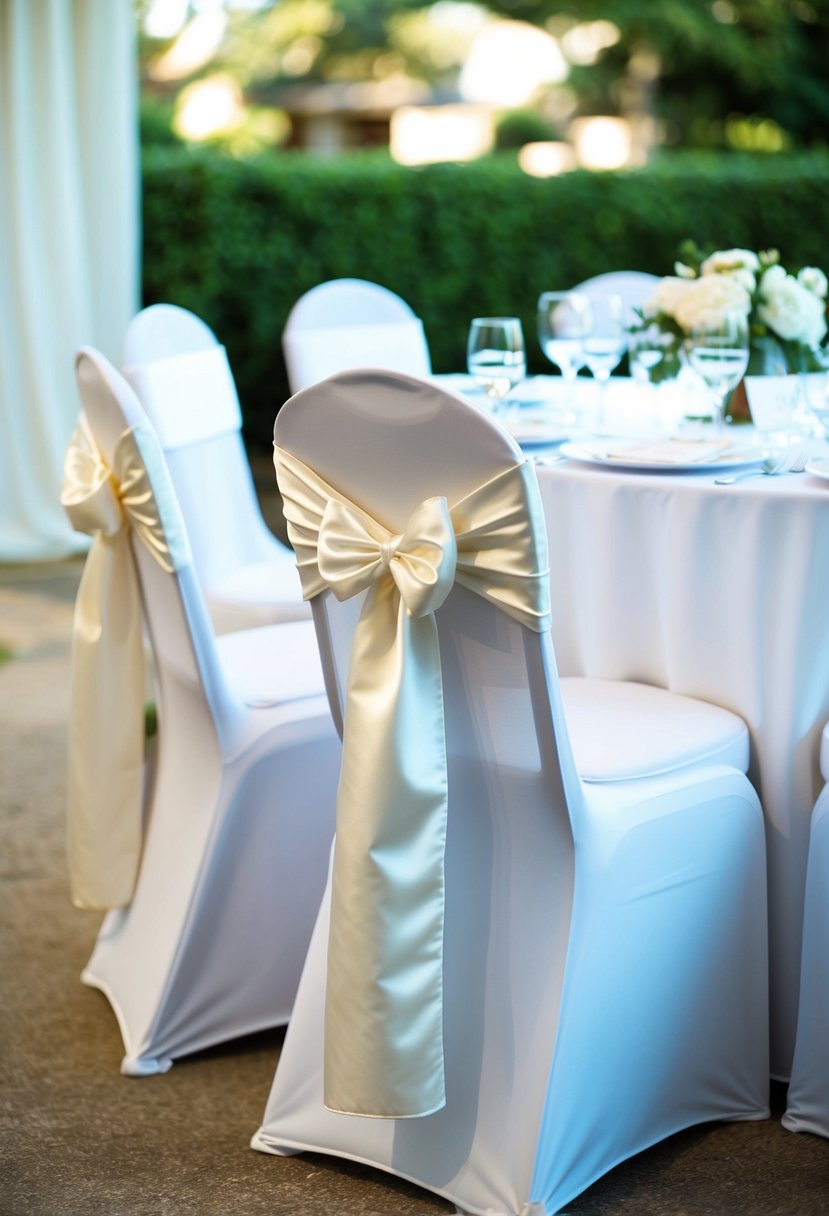 White silk chair sashes elegantly draped over white wedding table, creating a clean and sophisticated look