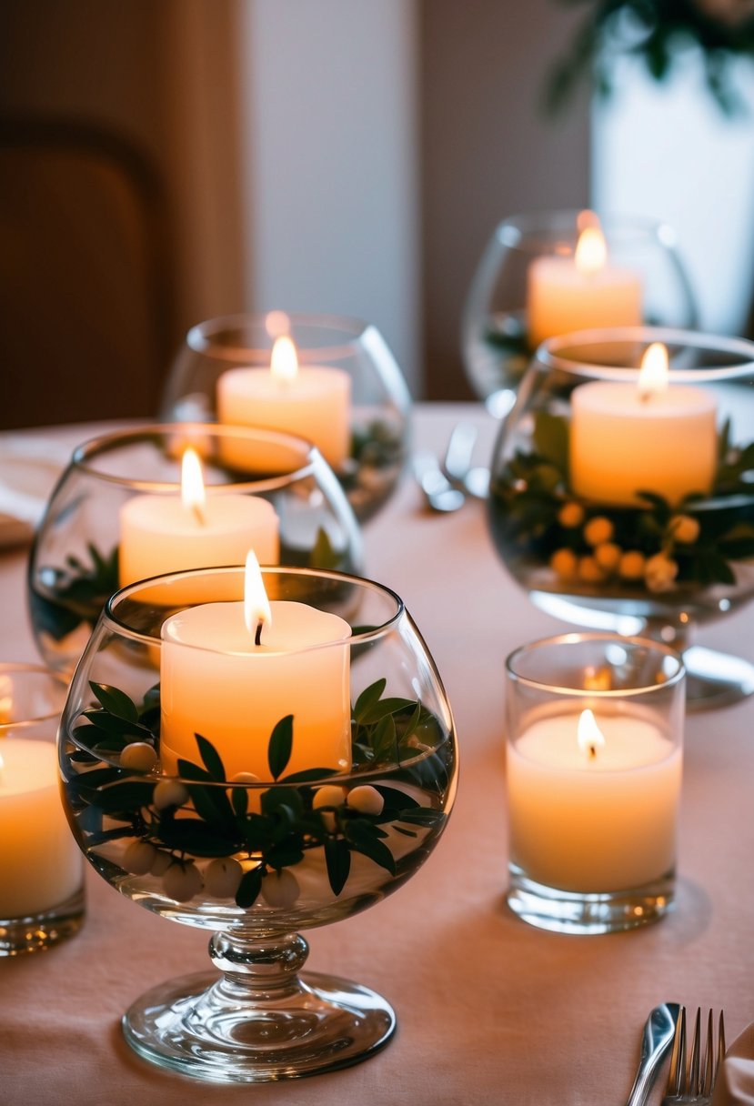 Glass bowls hold floating white candles, casting a soft glow on a wedding table