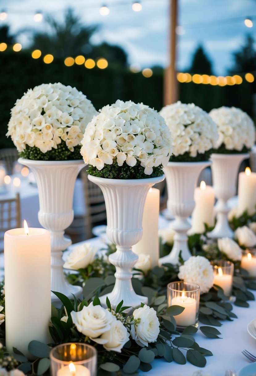 White ceramic topiaries adorn a wedding table, surrounded by white flowers and candles