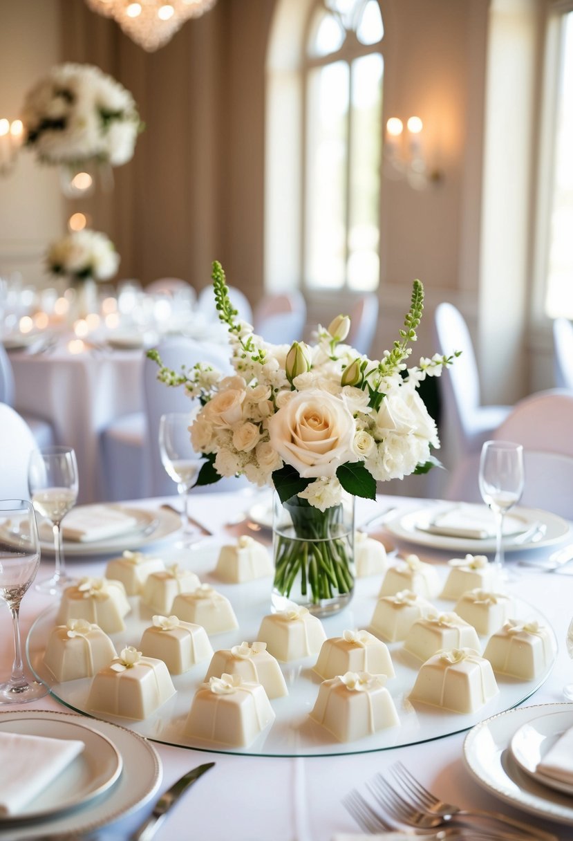 A table adorned with white chocolate favors, flowers, and elegant white decor for a wedding celebration