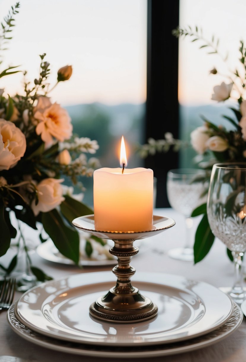 A romantic table setting with a single lit candle in an elegant holder, surrounded by delicate flowers and greenery