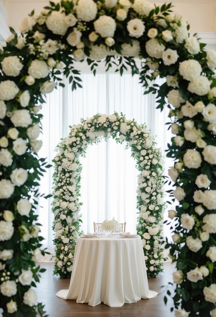 A white floral arch frames a table adorned with all-white wedding decorations