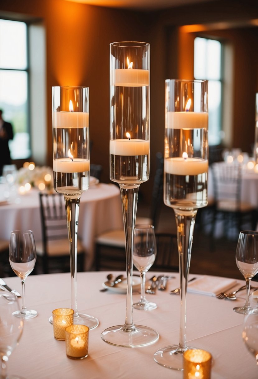 Tall glass vases hold floating candles as wedding table decor