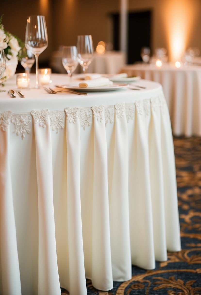 Ivory tablecloths with delicate embroidered edges draped over tables at a wedding reception