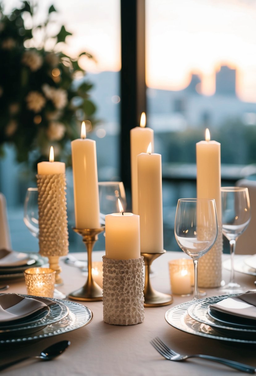 A table set with a mix of textured tapers and sleek pillar candles for a wedding decoration