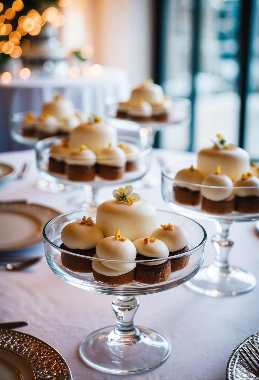 Glass dishes hold white desserts on a wedding table