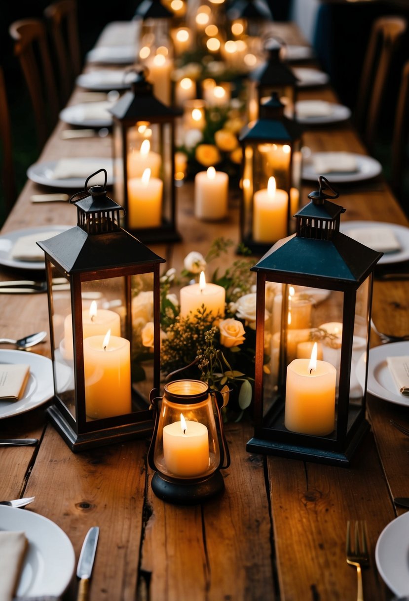 Candles in vintage lanterns on a wooden table, creating a rustic and charming wedding centerpiece