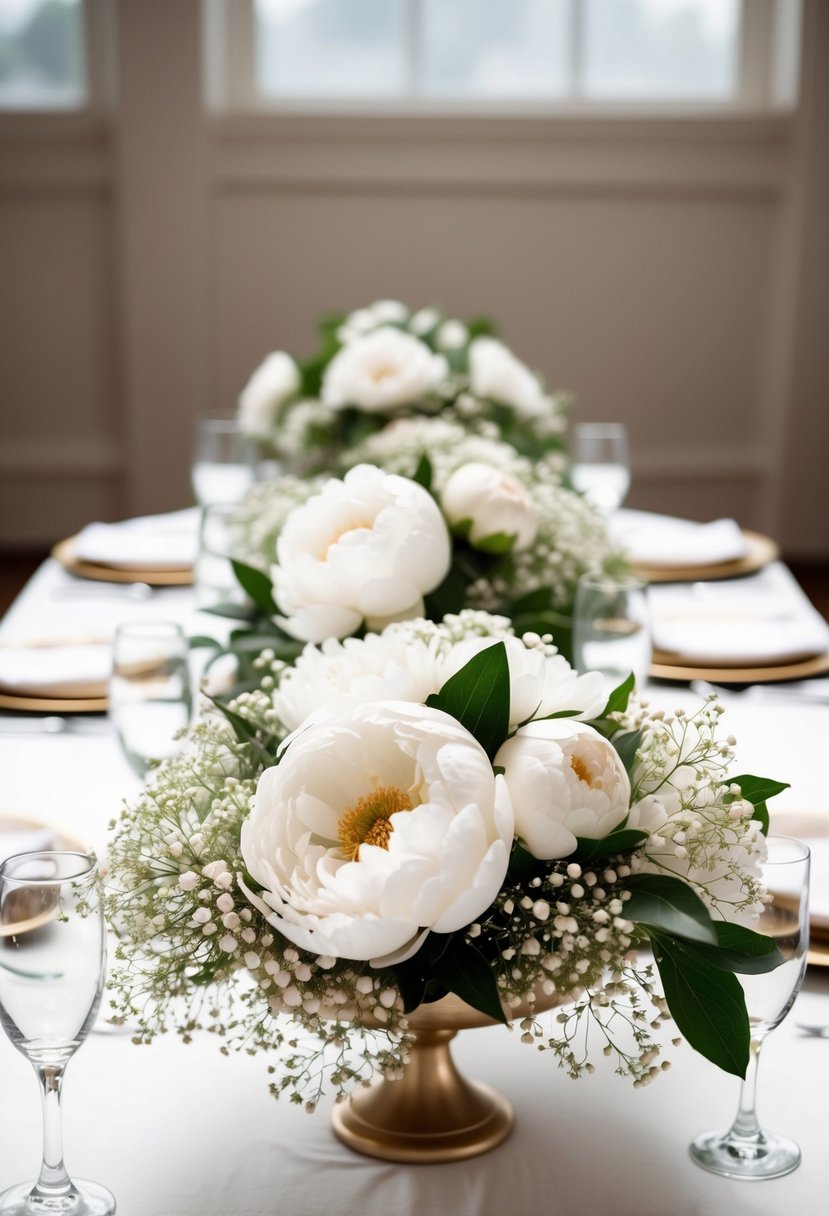 A table adorned with white peonies and baby's breath arrangements, creating an elegant and romantic all-white wedding centerpiece