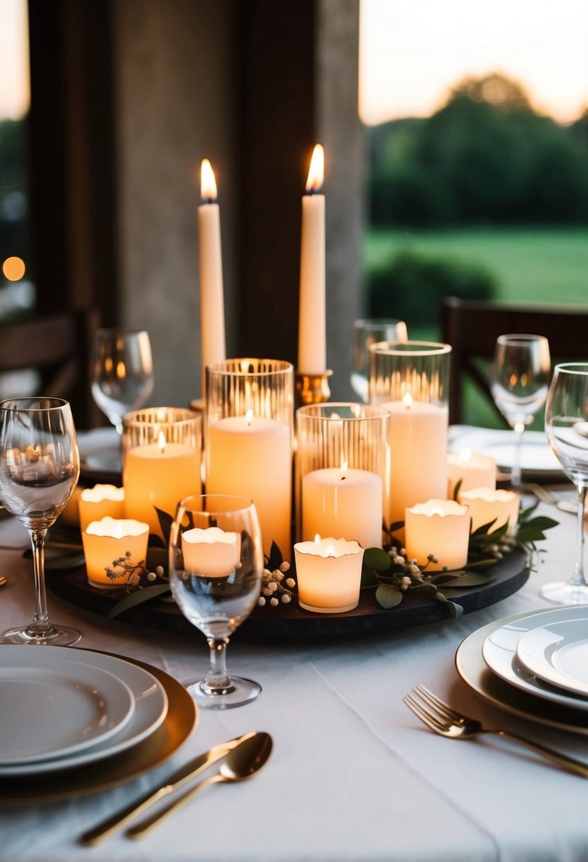 A romantic tablescape with votive clusters, creating a warm and intimate ambiance for a wedding table decoration