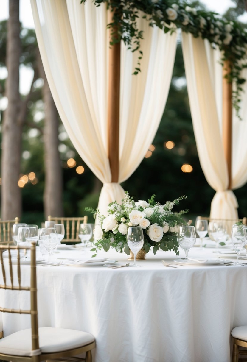 A white linen tablecloth adorned with ivory drapes and elegant wedding decorations