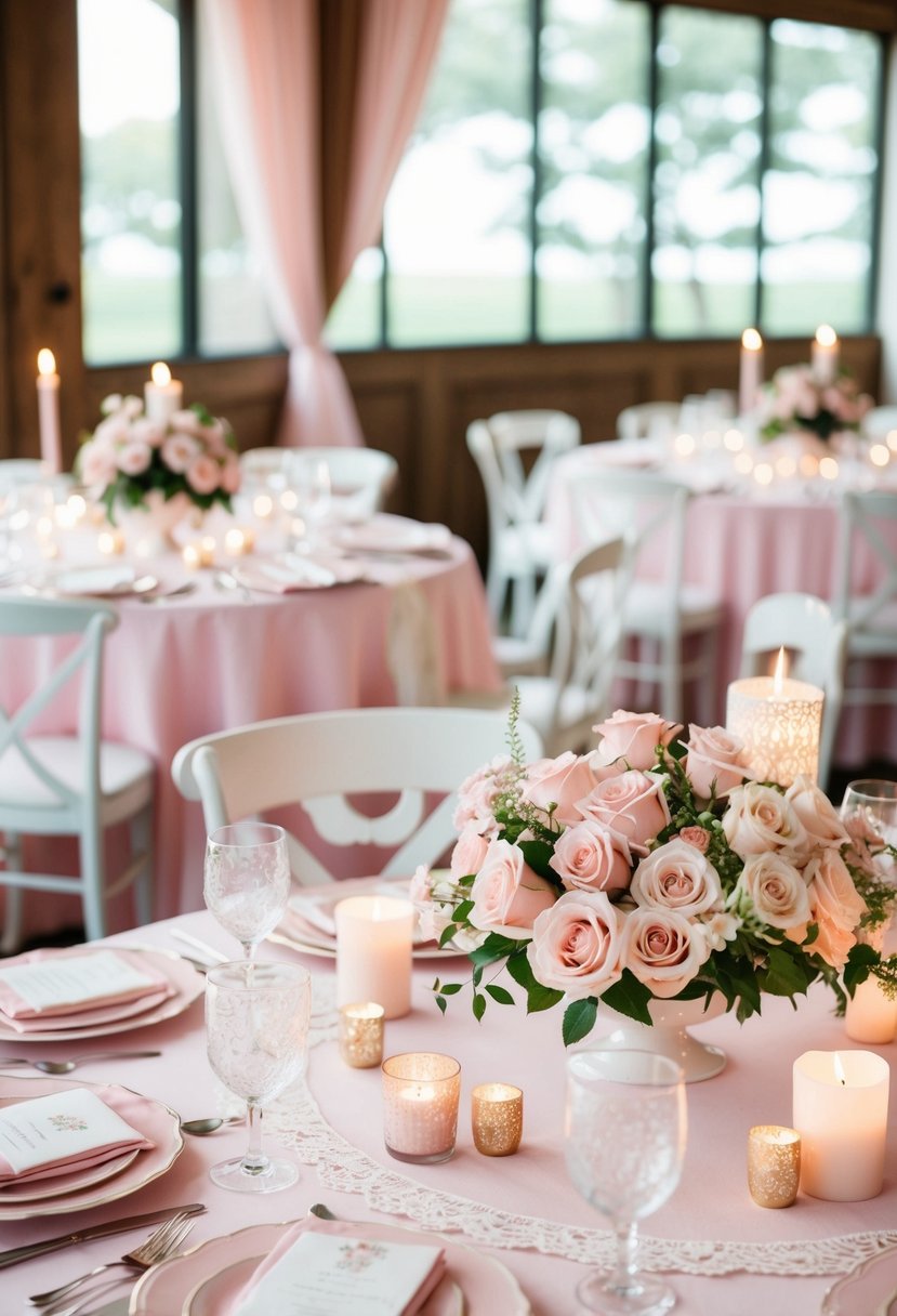 A pink and white themed wedding table adorned with roses, candles, and delicate lace accents