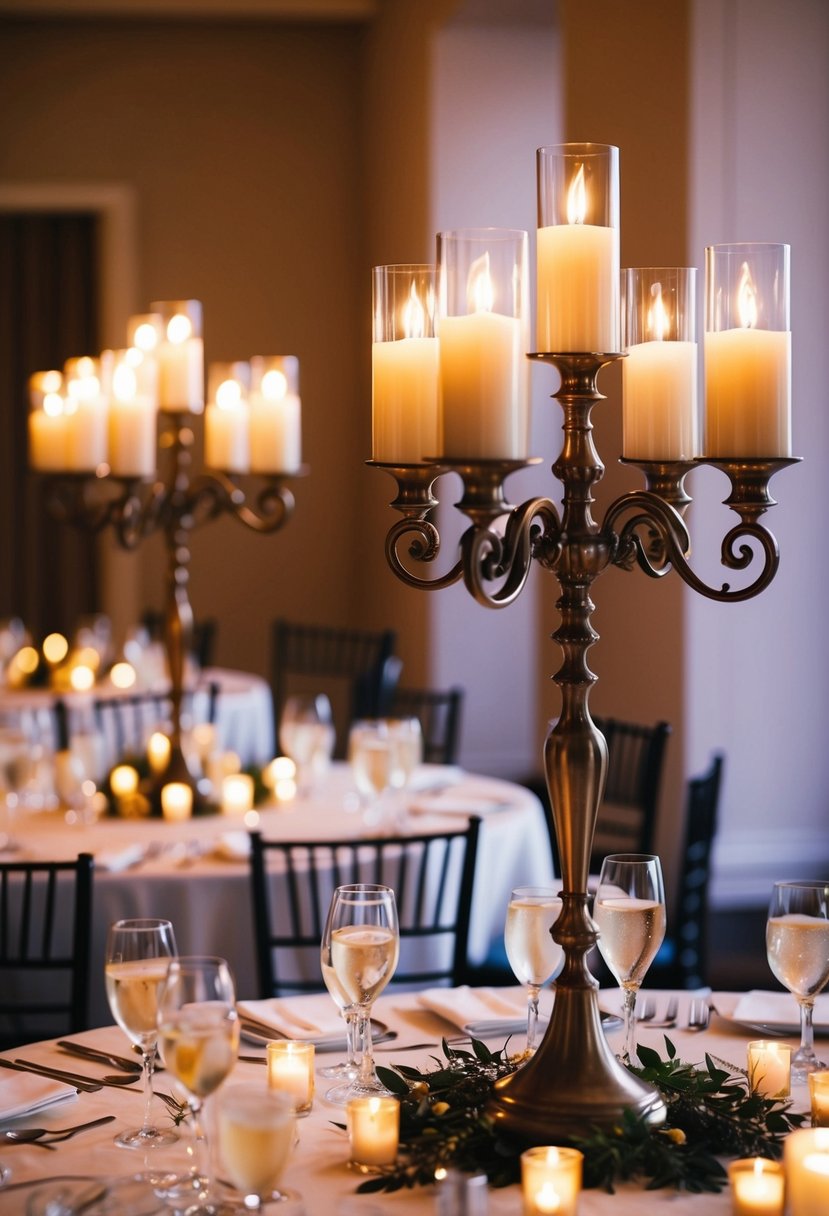 Elegant candelabras serve as centerpieces for a wedding table, casting a warm glow and adding a touch of sophistication to the atmosphere