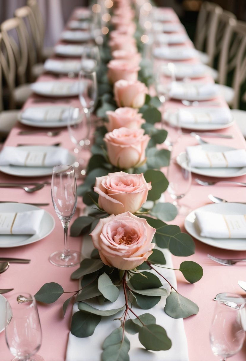 Blush roses and eucalyptus runners adorn a pink and white wedding table