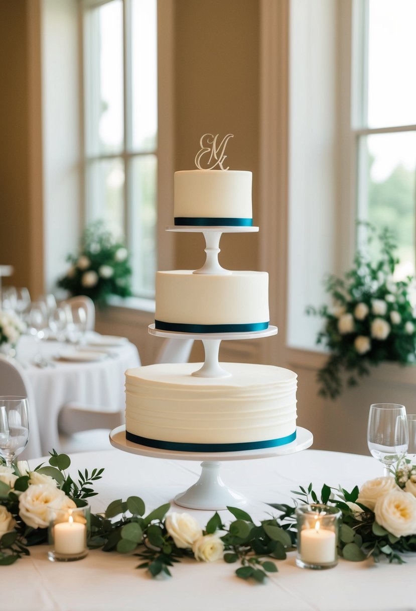 A collection of custom white cake stands on a table, surrounded by elegant white wedding decor