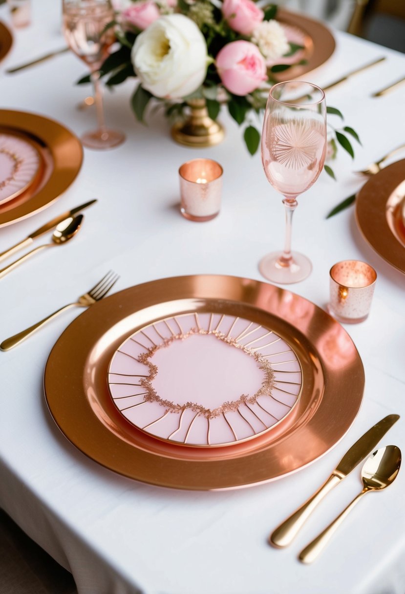 Rose gold charger plates with pink geode patterns set on a white table with pink and white wedding decor