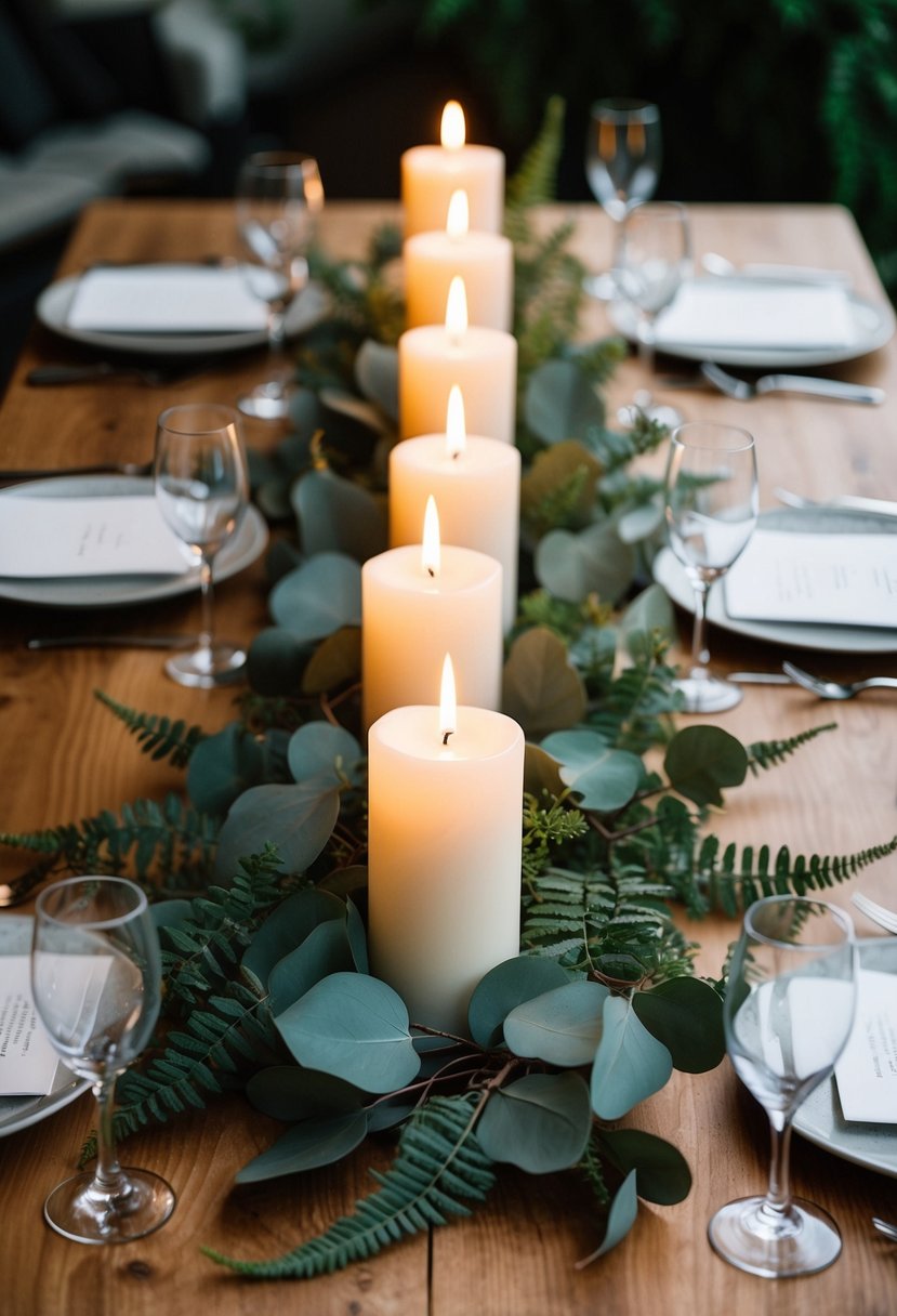 Candles surrounded by eucalyptus and ferns on a wooden wedding table