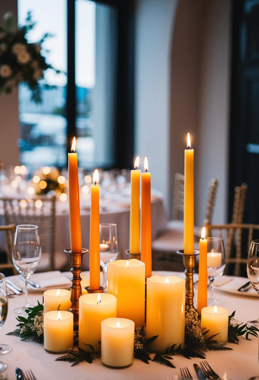 Candles of varying heights arranged on a wedding table for dimension