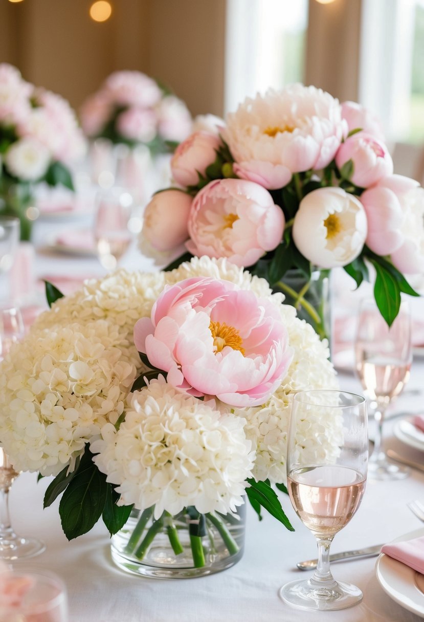 A table adorned with peonies and white hydrangea centerpieces for a pink and white wedding