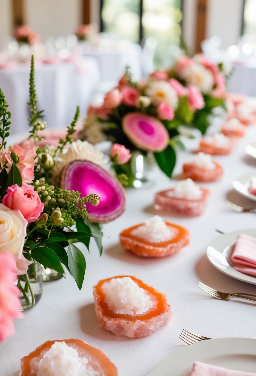 Pink agates and Himalayan rock salt adorn a wedding table with white linens and pink floral centerpieces