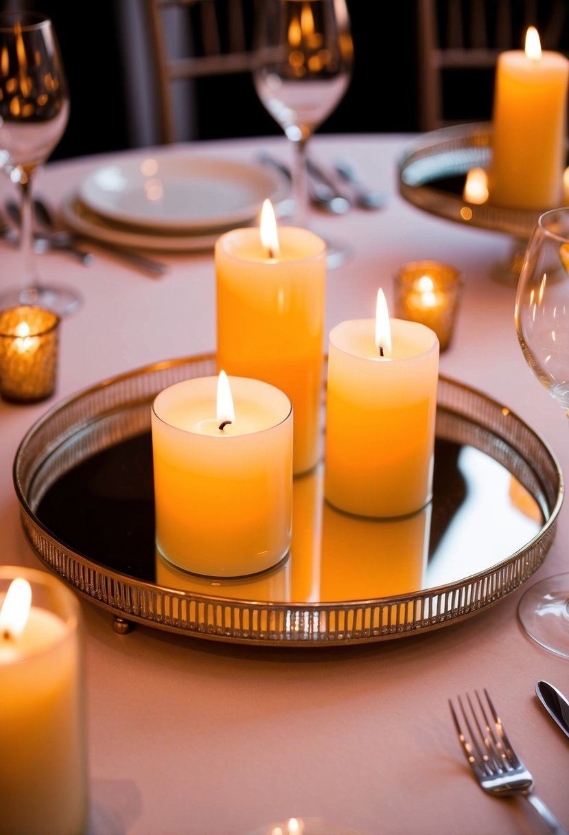 Candles on mirrored trays create a warm, romantic glow for a wedding table centerpiece