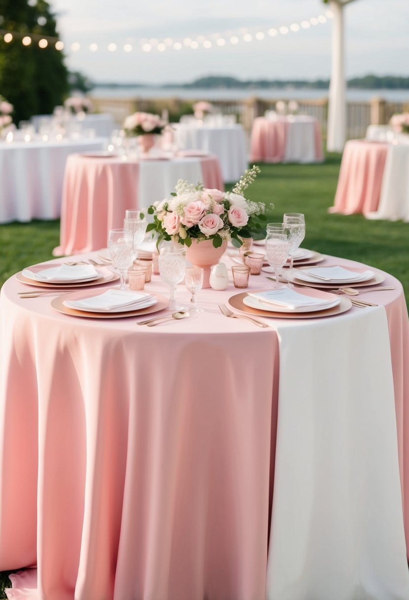 Pink and white layered tablecloths with blush accents create a romantic wedding table setting