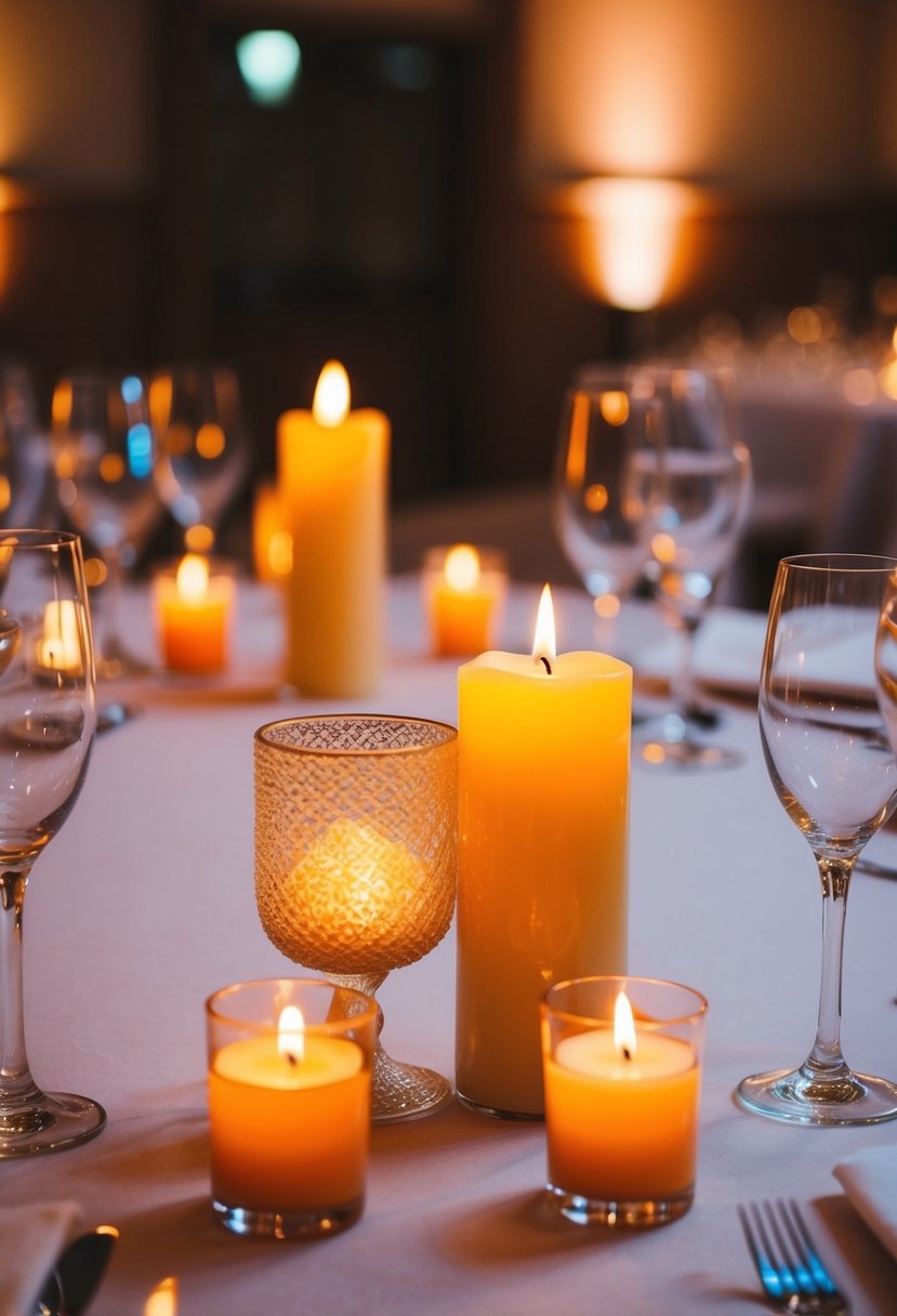 Candles flicker on side tables, casting warm light in a wedding reception setting