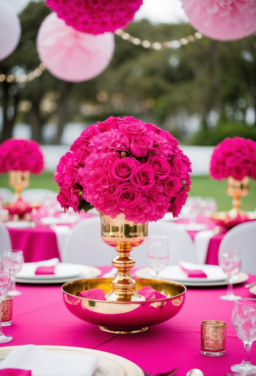 Fuchsia pink centerpieces in gold bowls adorn a wedding table with pink and white decorations