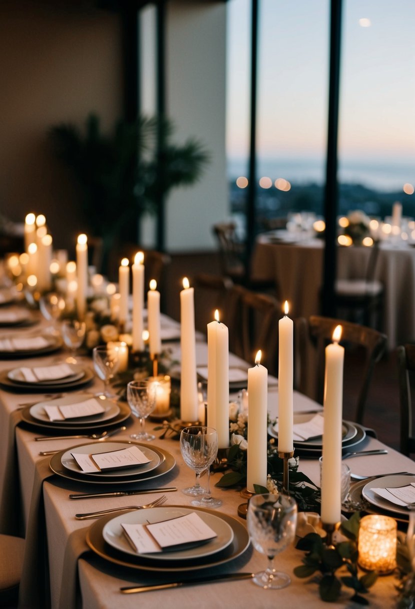 A table set with neutral colors and adorned with flickering candles, creating a warm and romantic ambiance for a wedding celebration