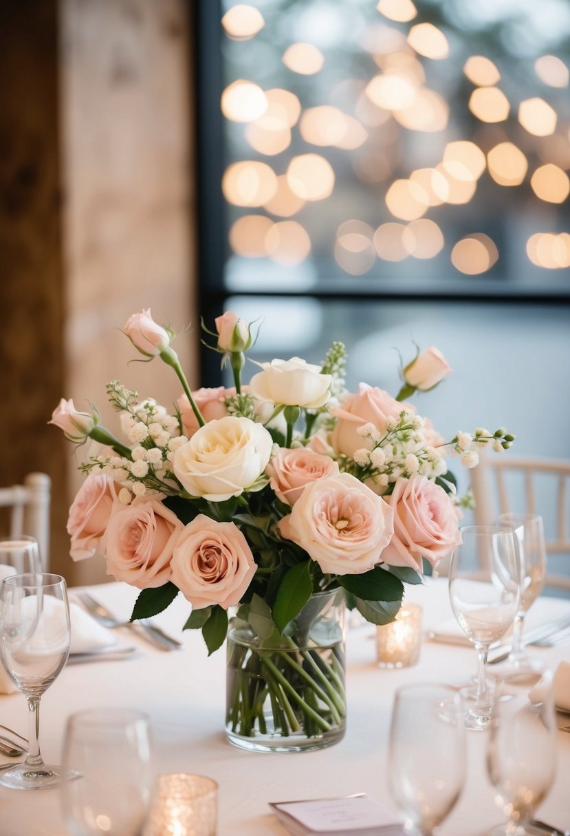 A table adorned with blush spray roses and white stock flowers for a romantic wedding centerpiece