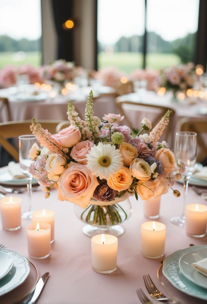 Pastel flowers and candles arranged on a wedding table, creating a soft and romantic atmosphere