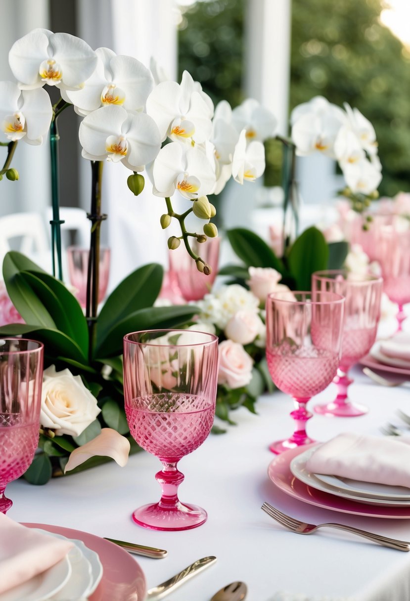 Pink glassware arranged with white orchids on a table, creating an elegant and romantic wedding centerpiece