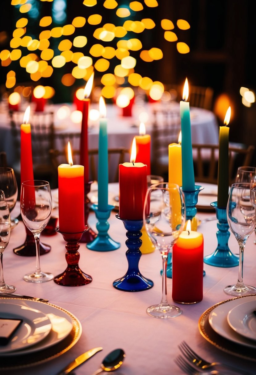 Colored candle holders arranged on a wedding table, casting a warm glow