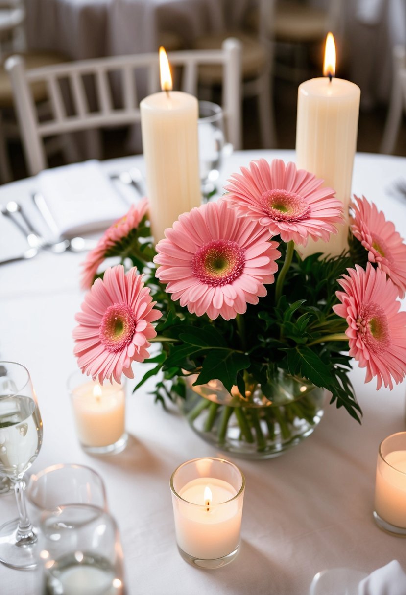 Pink gerbera daisies intertwined with candles on a white wedding table