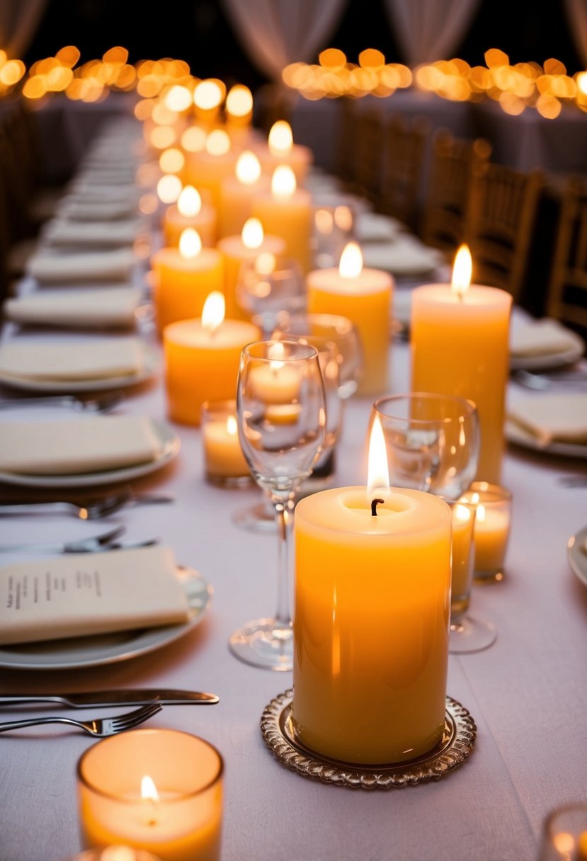 Scented candles adorn wedding tables, casting a warm glow and filling the air with a delightful fragrance