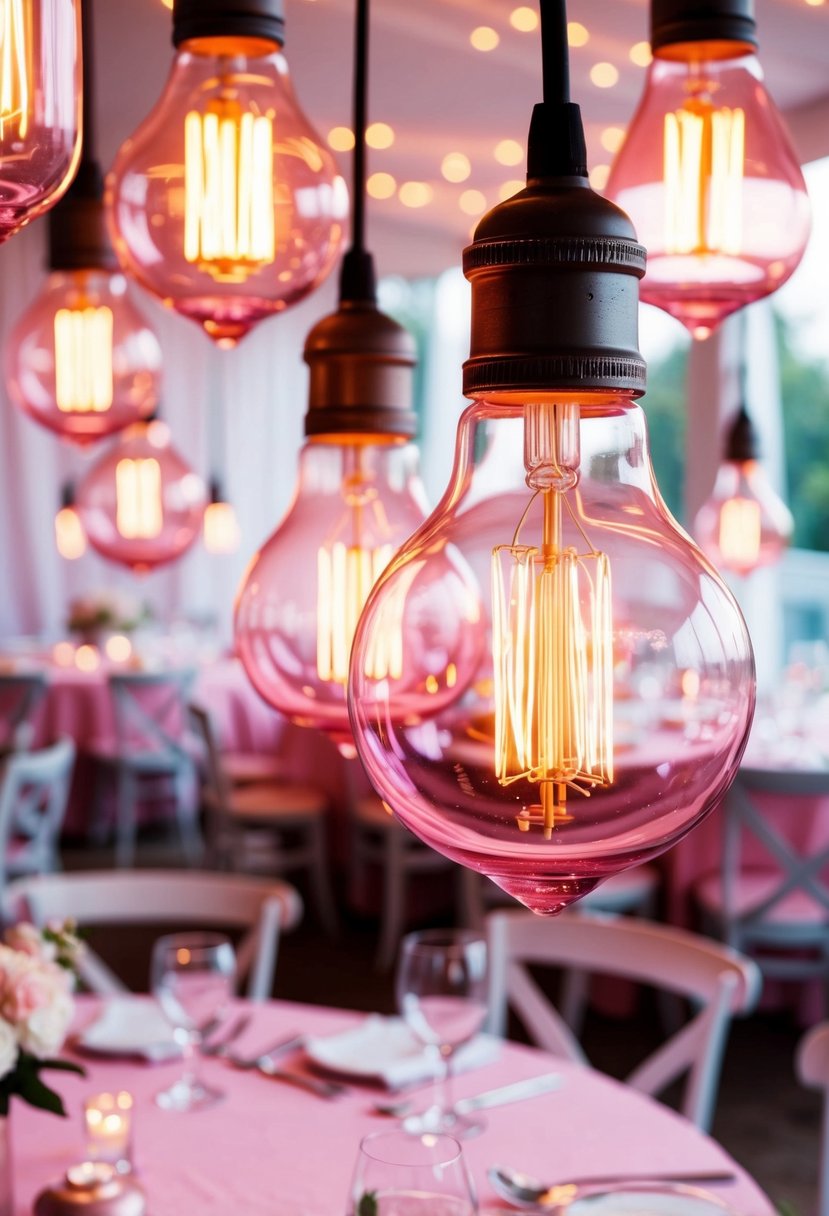 Pink-tinted glass light bulbs casting a whimsical glow over a pink and white wedding table