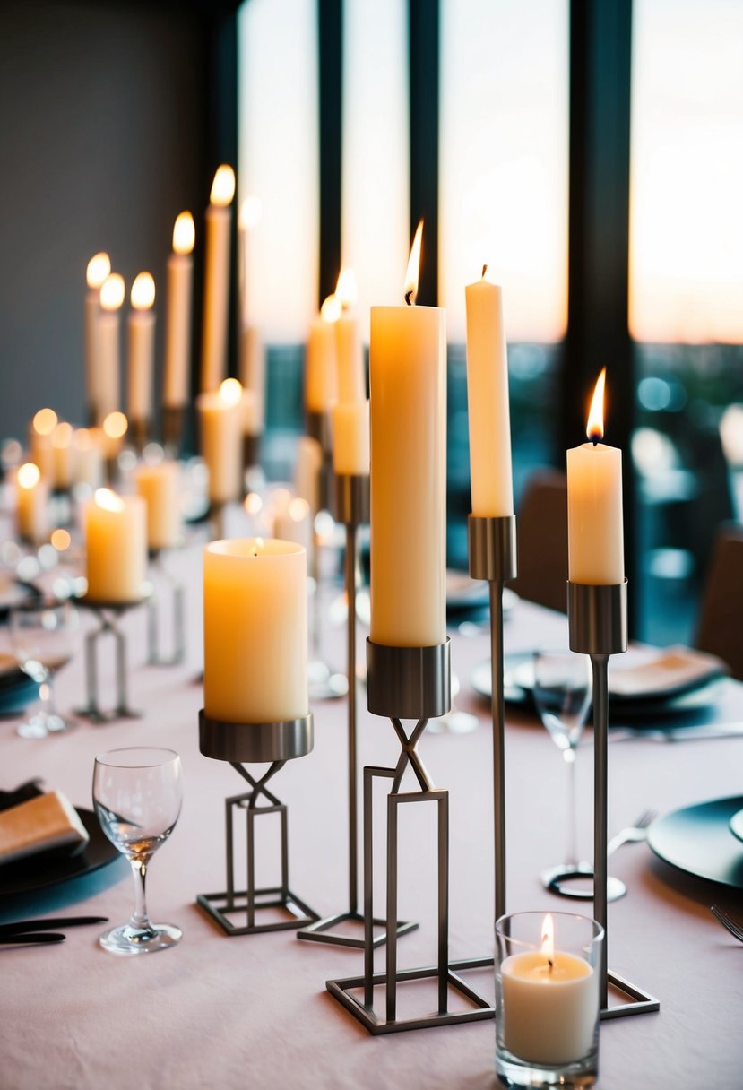 Candles in sleek geometric holders, arranged on a modern wedding table