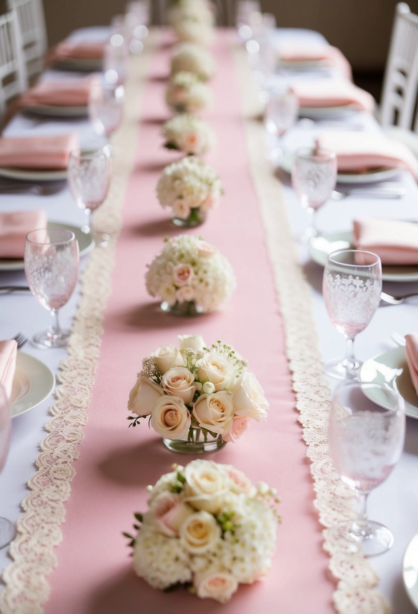 Soft pink table runners adorned with ivory lace, surrounded by delicate pink and white wedding table decorations