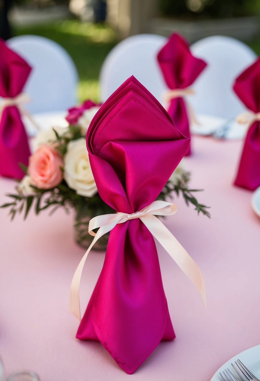 Pink napkins tied with satin ribbons adorn a wedding table