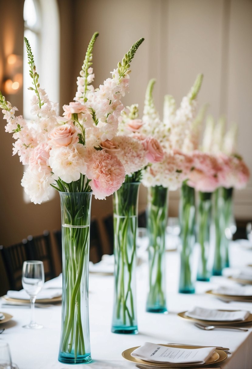 Tall vases hold gentle pink flowers, set on a white wedding table