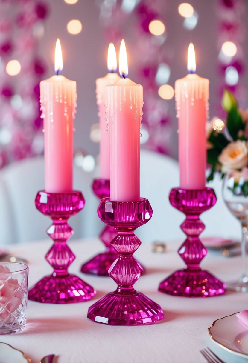 Pink crystal candlesticks sparkle on a white table, surrounded by delicate pink and white wedding decorations