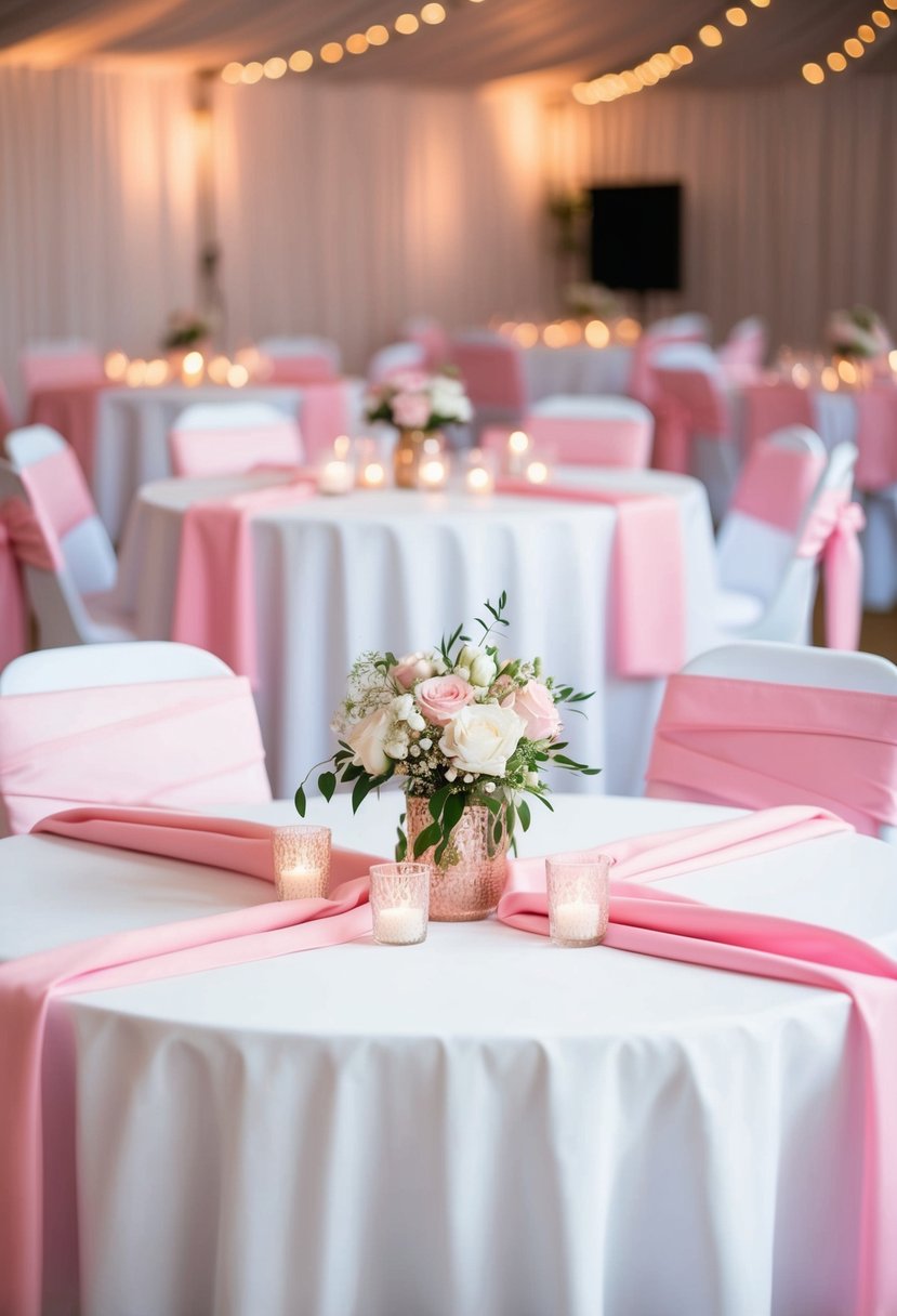 White tablecloths adorned with pink overlays create an elegant setting for a wedding reception. Delicate pink and white decorations add a romantic touch to the tables