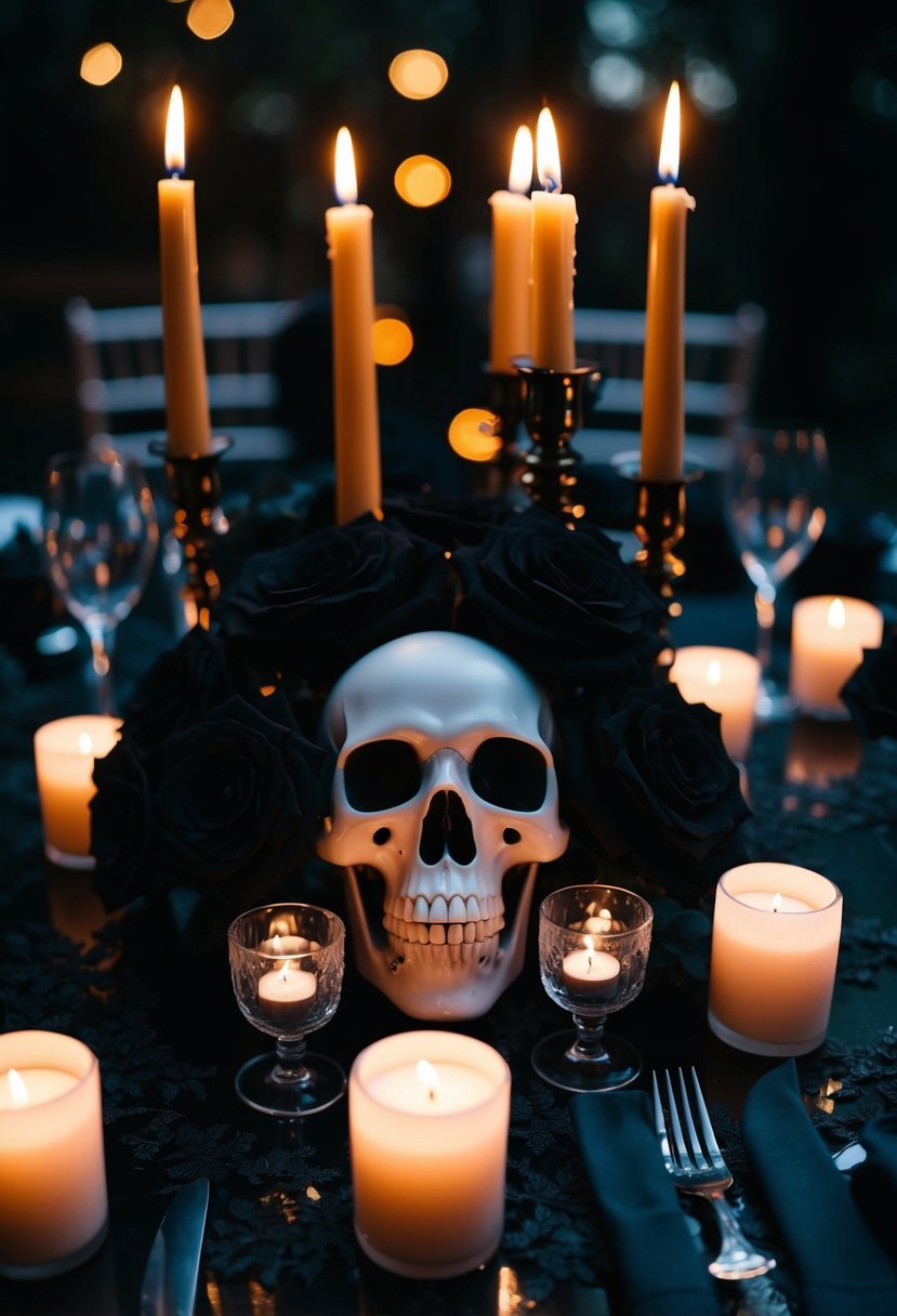 A dimly lit table adorned with black roses and candles. A skull centerpiece adds a gothic touch to the eerie wedding decor