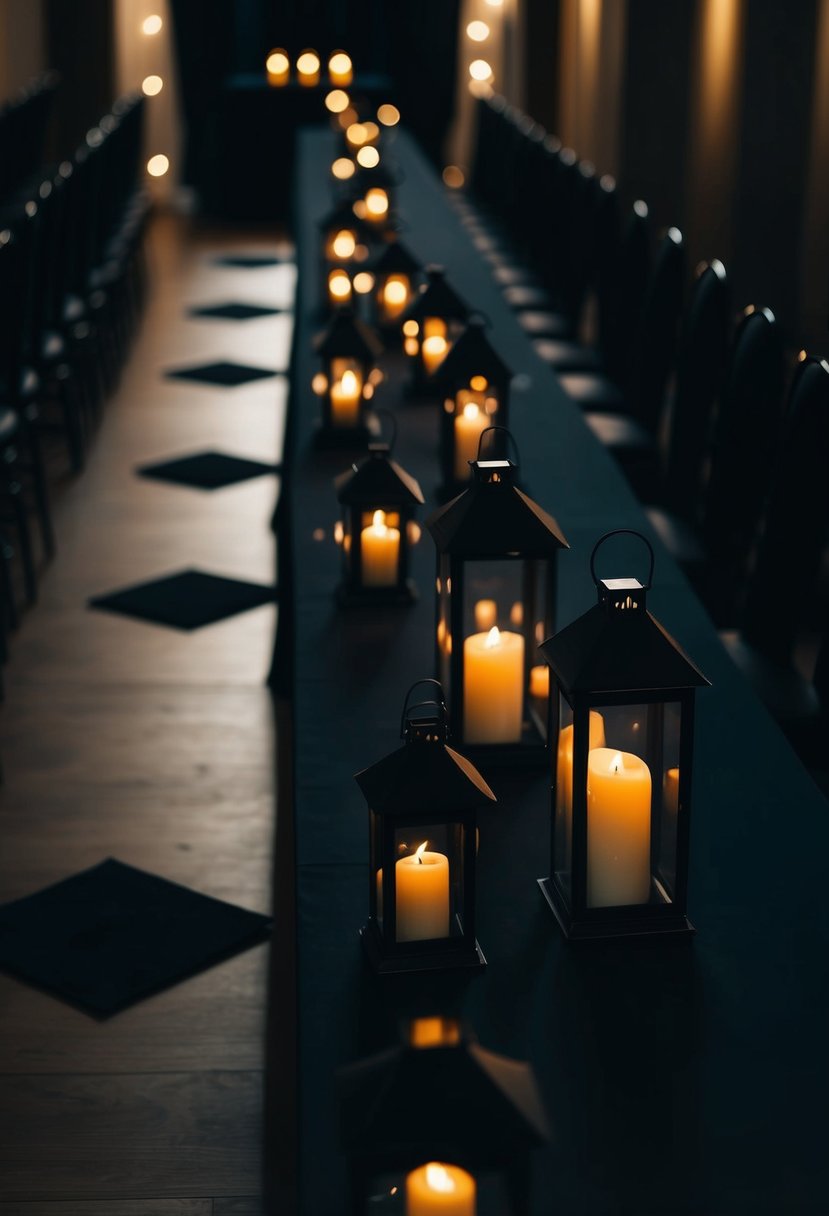 A dimly lit aisle with black candle lanterns casting eerie shadows on a dark wedding table