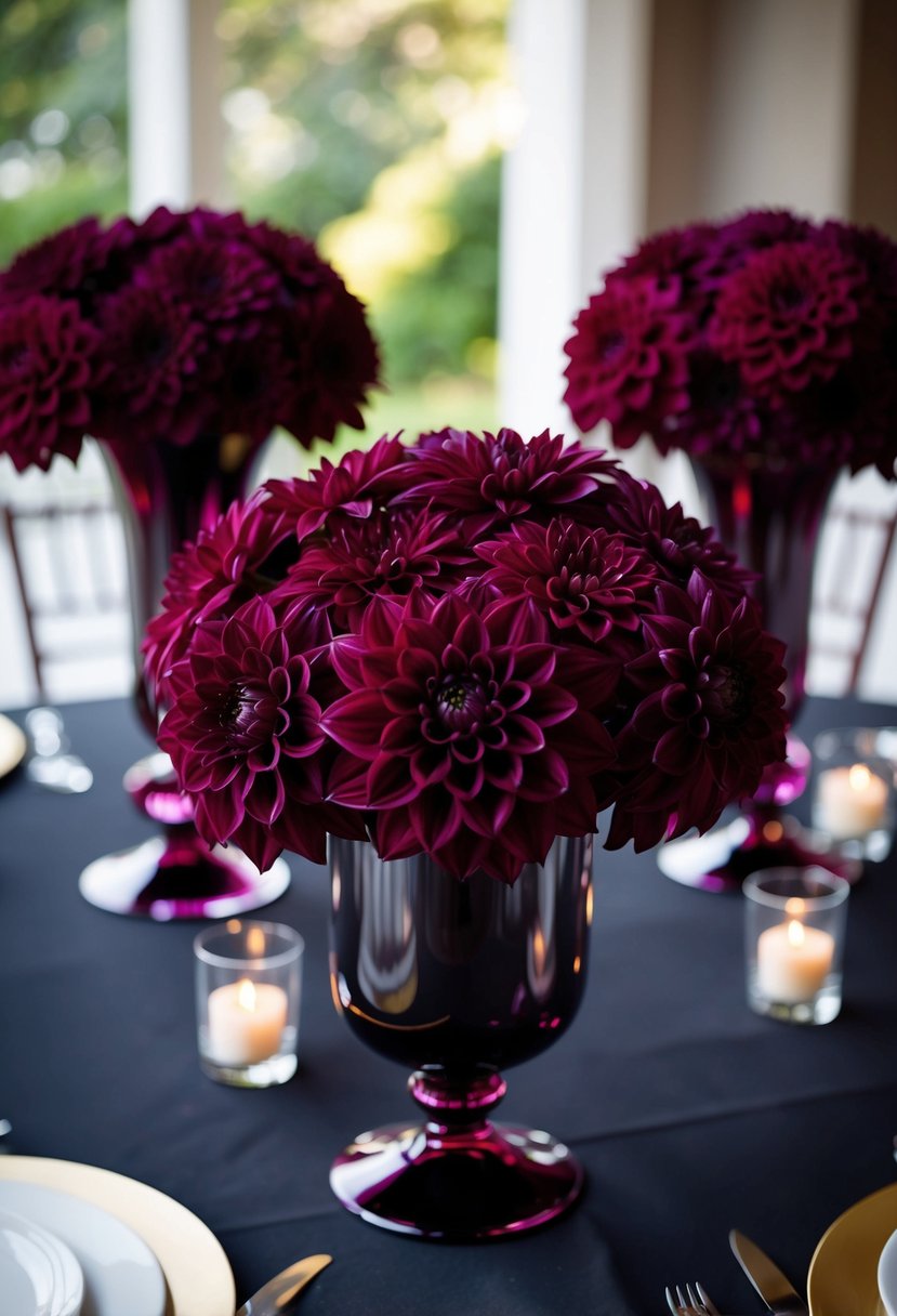 Deep burgundy dahlias arranged in dark floral centerpieces on a wedding table