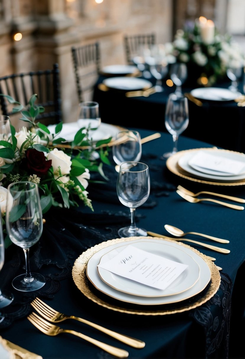 A dark wedding table set with black lace runners and gold cutlery