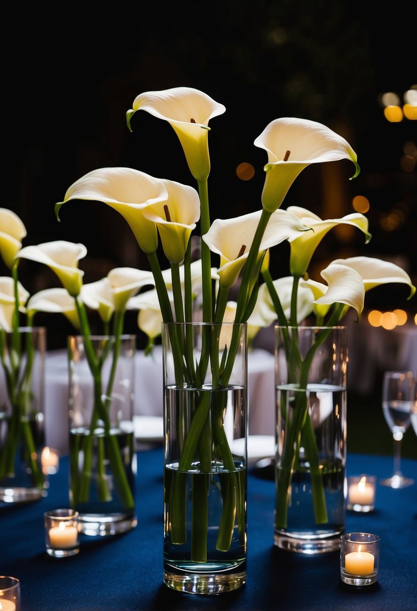 Midnight calla lilies in clear glass vases on a dark wedding table