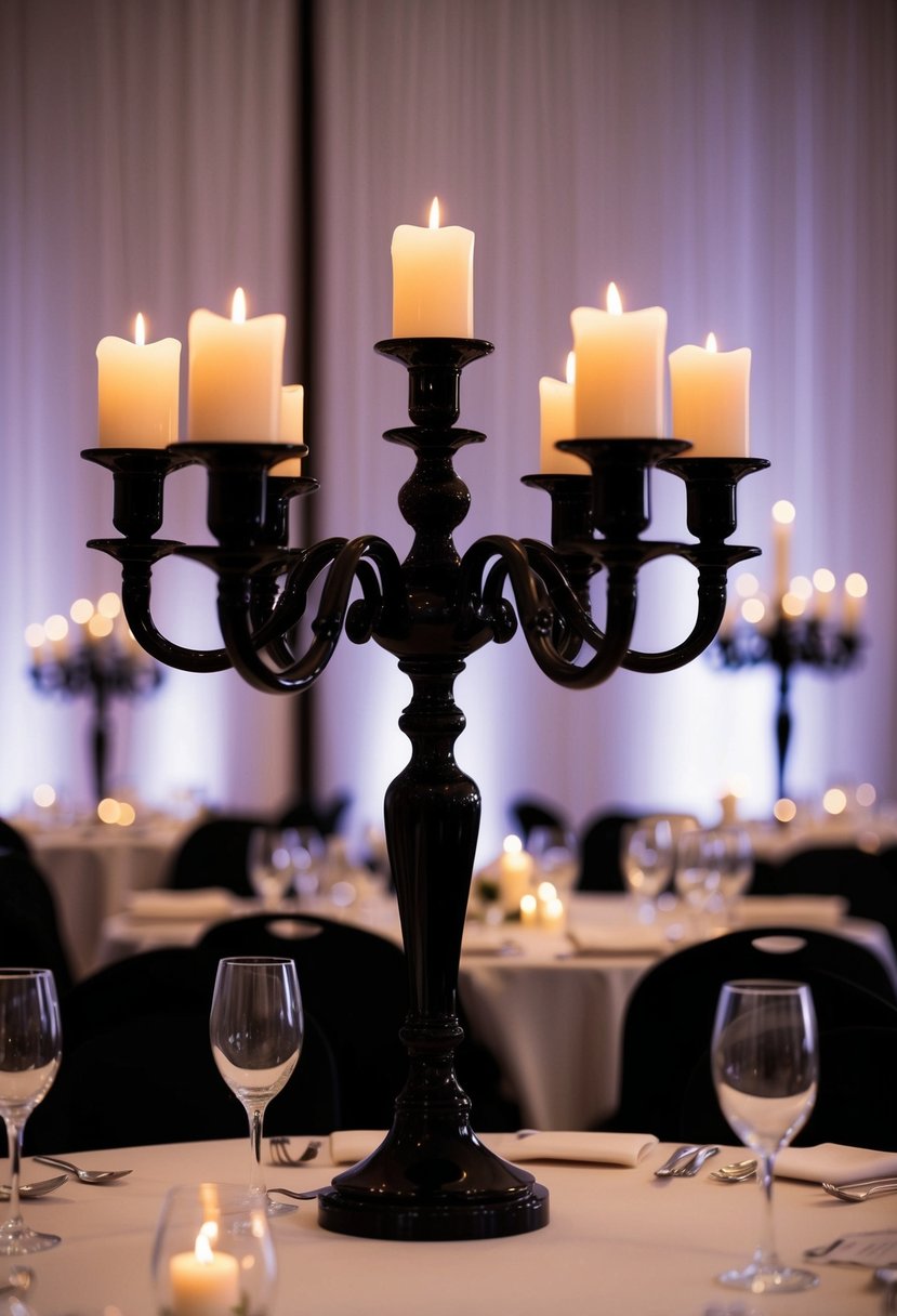 Elegant black candelabras casting a soft candlelight glow on a dark wedding table