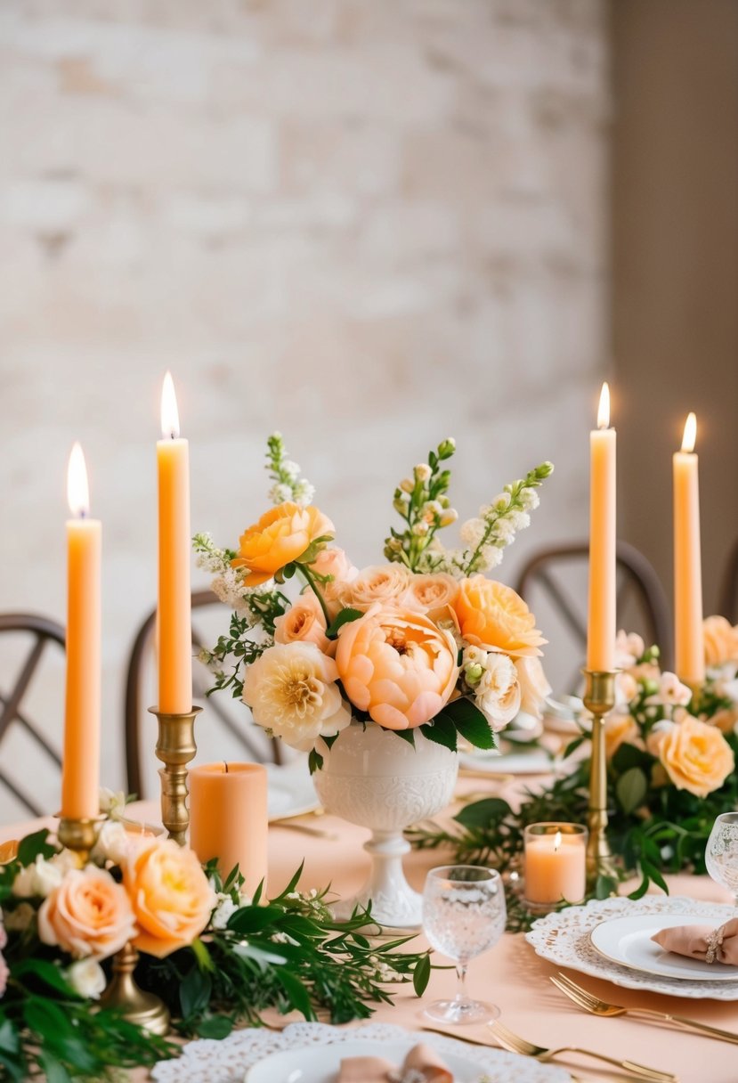 A peach-themed wedding table adorned with fresh flowers, elegant candles, and delicate lace accents