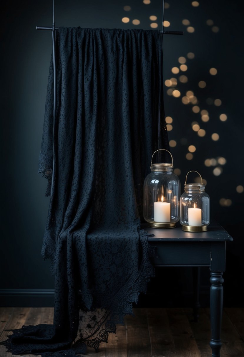 Gothic black lace draped over a dark wooden table with glass jar lanterns casting eerie shadows