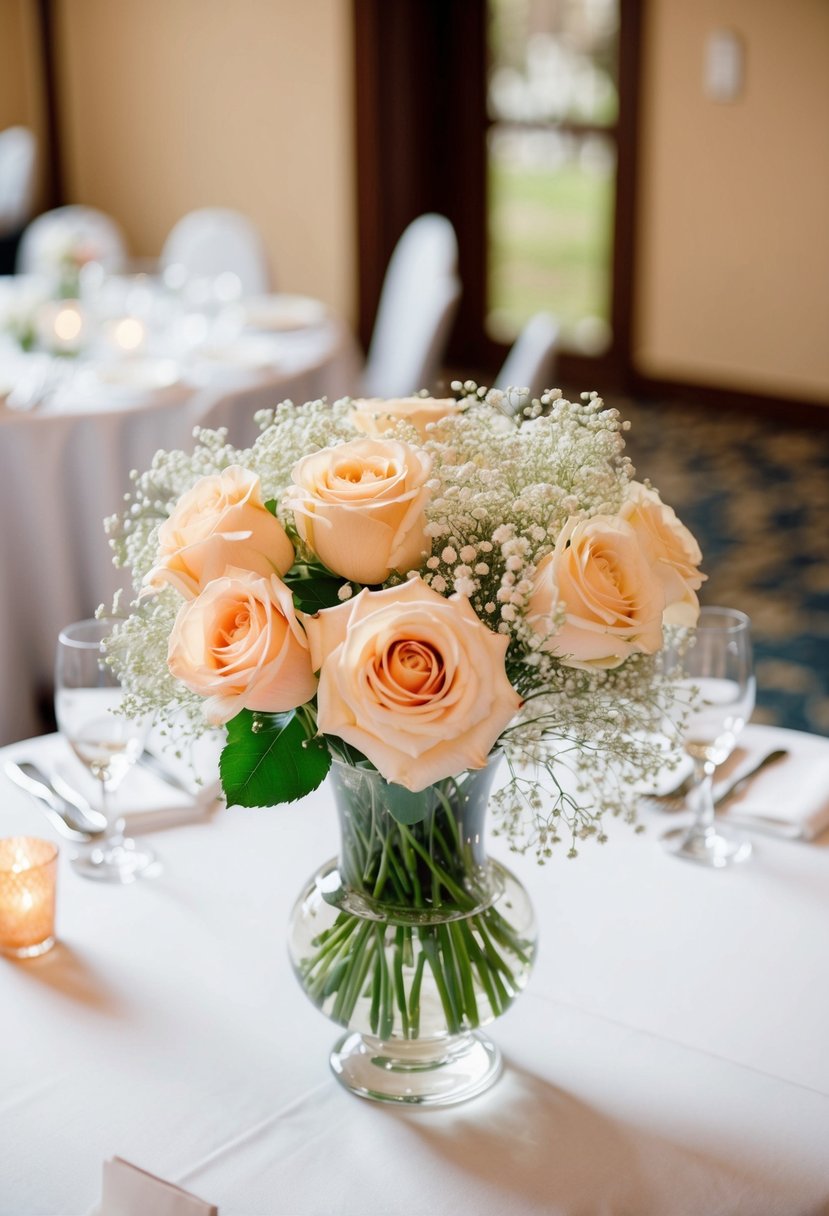 A glass vase filled with peach roses and baby's breath sits as a soft centerpiece on a wedding table